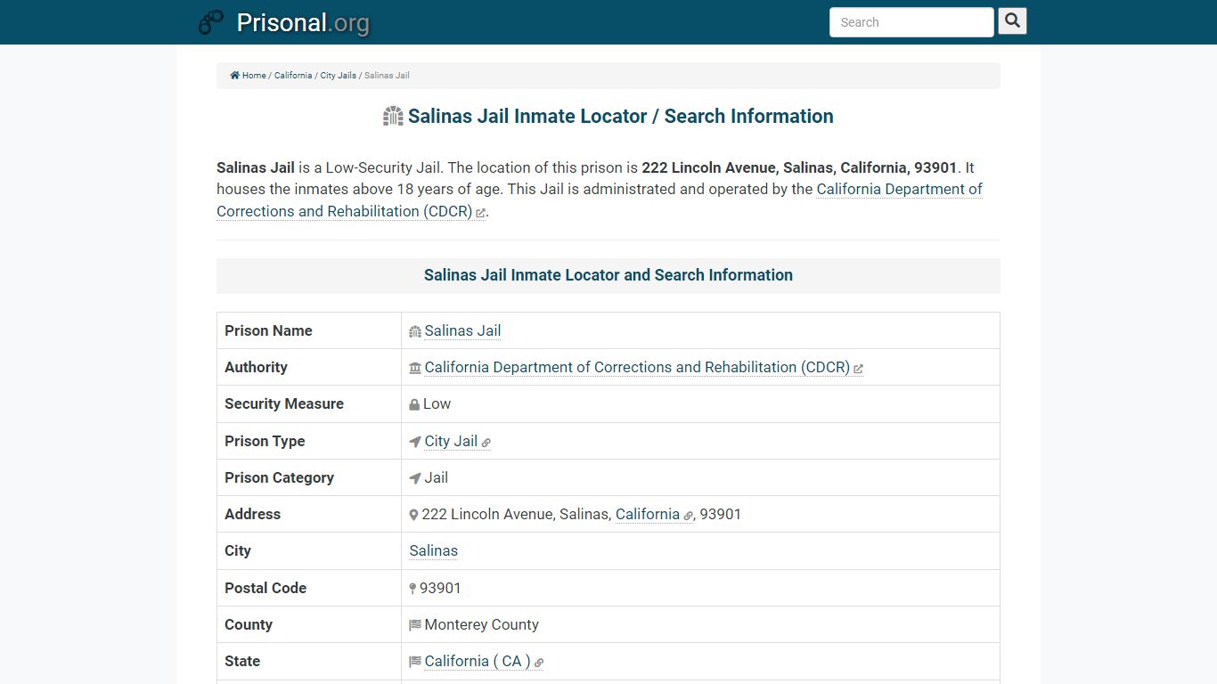 Salinas Jail-Inmate Locator/Search Info, Phone, Fax, Email ...